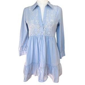 Zara Blue Eyelet Embroidered Poplin Mini Shirt Dress Small Cottagecore Preppy